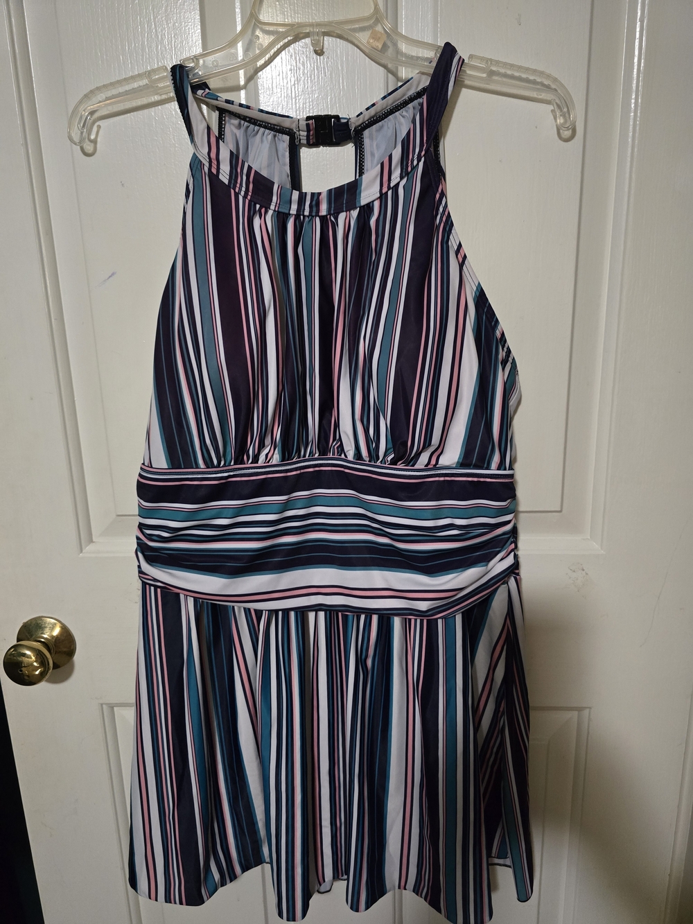 Striped Halter Swimdress in Navy, Teal & Pink